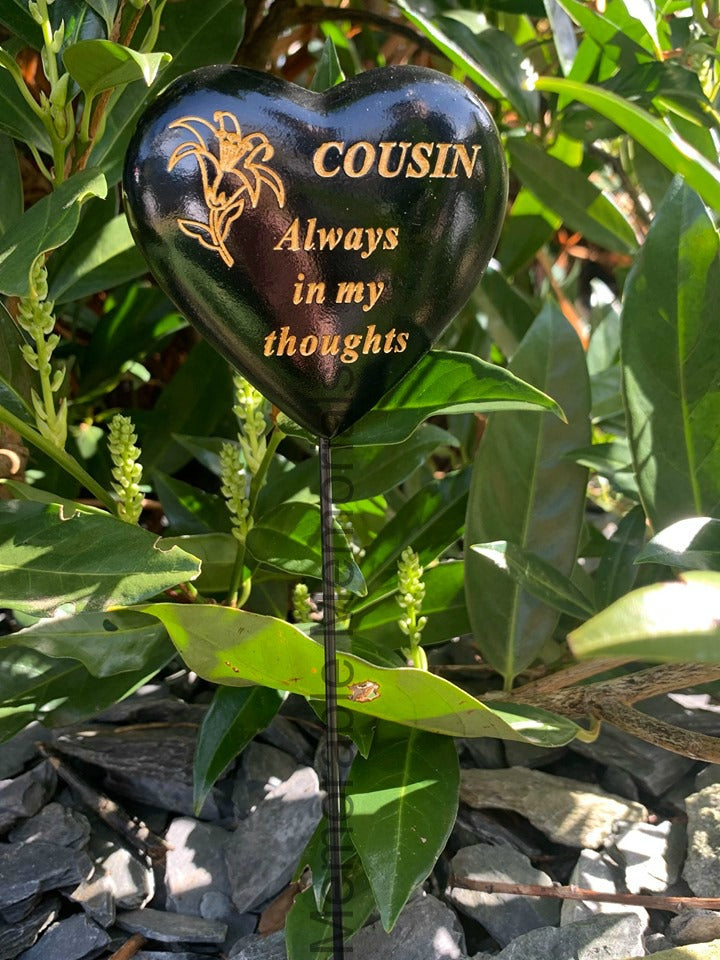 Cousin - Black & Gold Resin Memorial Lily Heart Stick Stake Graveside Crematorium