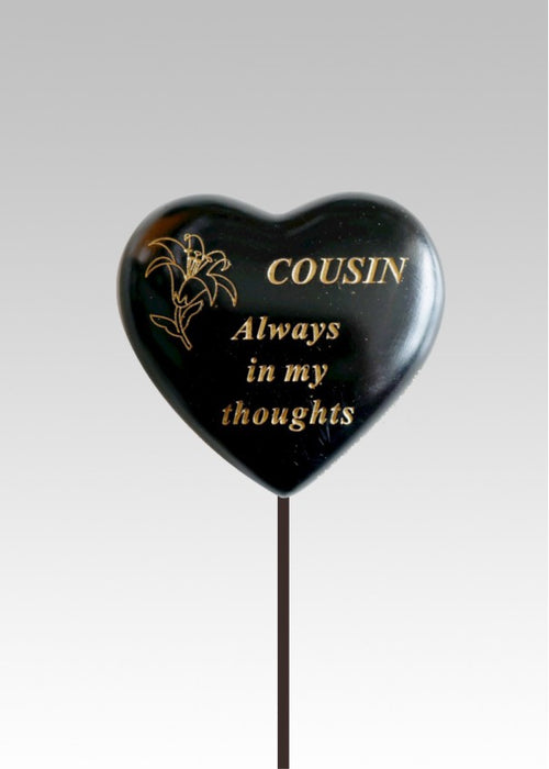 Cousin - Black & Gold Resin Memorial Lily Heart Stick Stake Graveside Crematorium