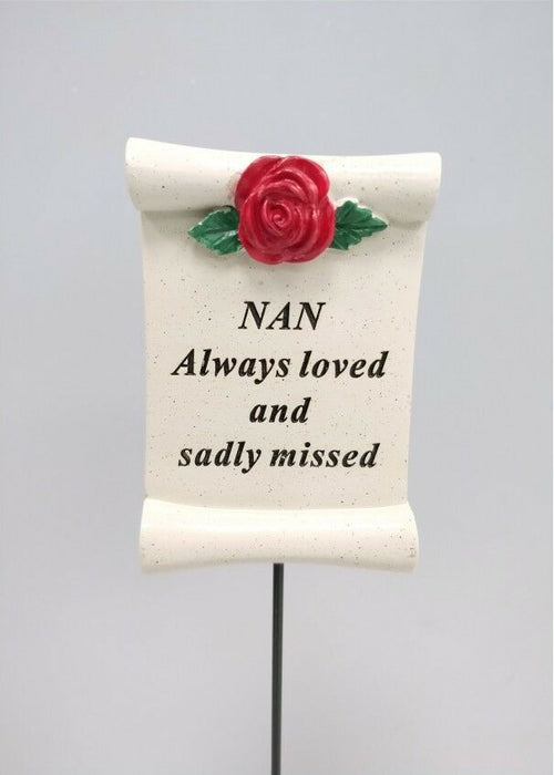 Nan Red Rose Scroll Stick - Memorial Tribute Spike