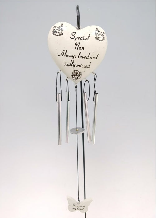 Nan - Heart Memorial Wind Chime Tribute Plaque Ornament Butterfly Flower Graveside