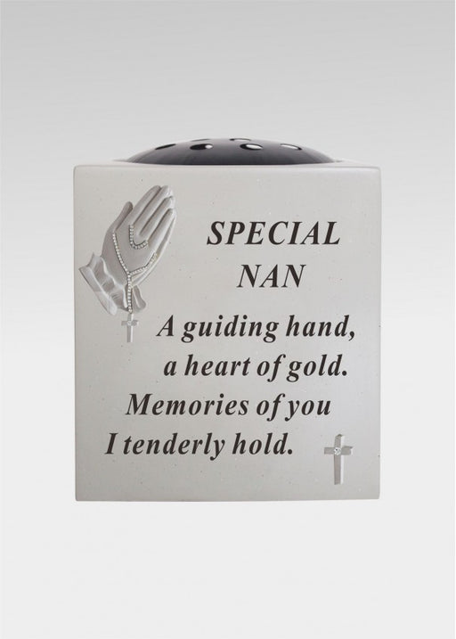 Nan - Memorial Praying Hands Flower Bowl Vase Rosary Beads Plaque Tribute Grave Pot