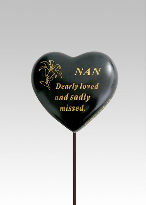 Nan - Black & Gold Resin Memorial Lily Heart Stick Stake Graveside Crematorium