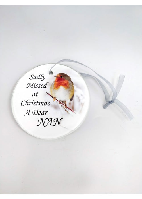 Nan - Memorial Glass Robin Christmas Bauble - Tree Decoration Xmas