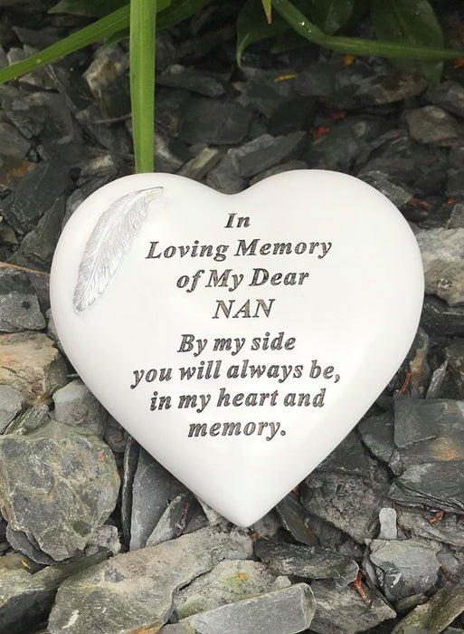 Nan - White & Silver Angel Feather Memorial Heart Tribute Grave Remembrance Ornament