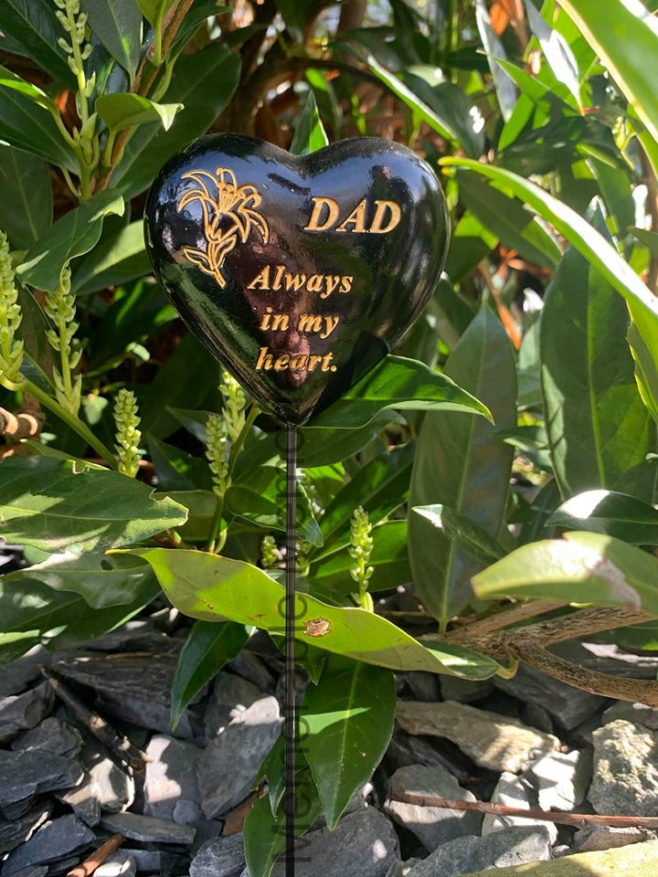 Dad - Black & Gold Resin Memorial Lily Heart Stick Stake Graveside Crematorium