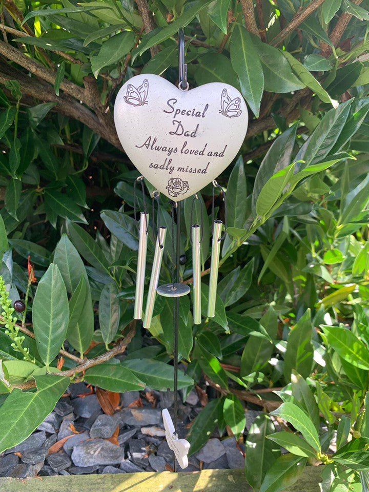 Dad - Heart Memorial Wind Chime Tribute Plaque Ornament Butterfly Flower Graveside