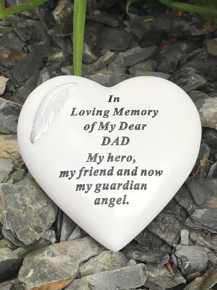 Dad - White & Silver Angel Feather Memorial Heart Tribute Grave Remembrance Ornament