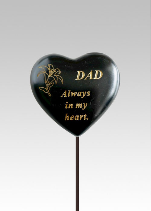 Dad - Black & Gold Resin Memorial Lily Heart Stick Stake Graveside Crematorium