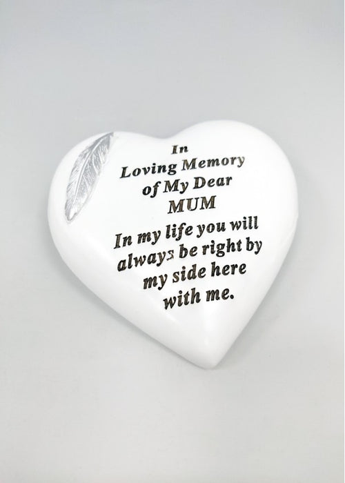 Mum - White & Silver Angel Feather Memorial Heart Tribute Grave Remembrance Ornament