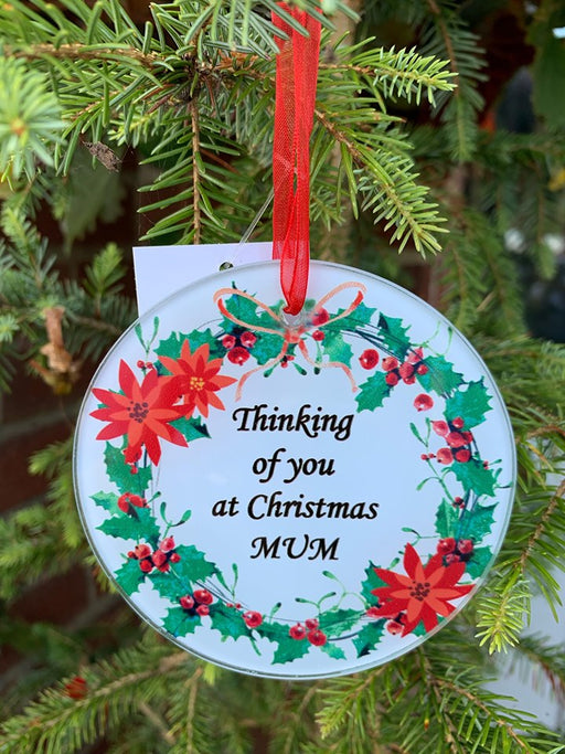Mum - Memorial Glass Wreath Bauble Christmas Tree Plaque Decoration Xmas