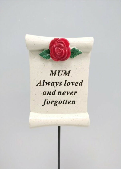 Mum Red Rose Scroll Stick - Memorial Tribute Spike