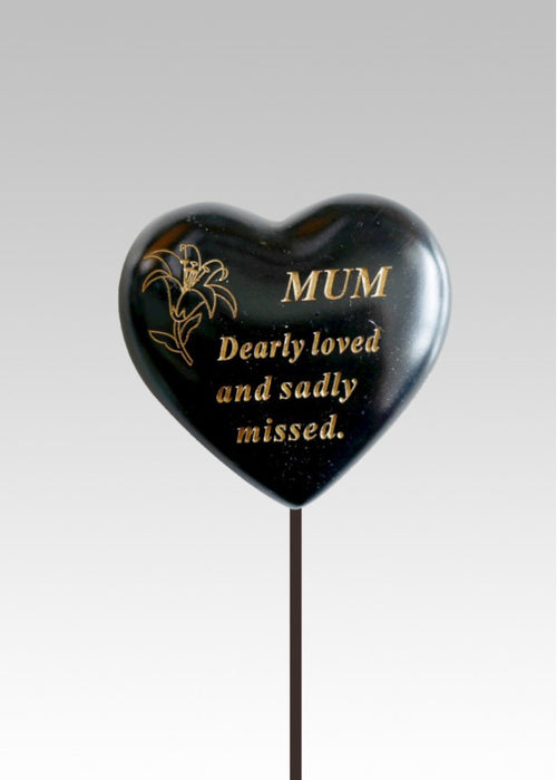 Mum - Black & Gold Resin Memorial Lily Heart Stick Stake Graveside Crematorium