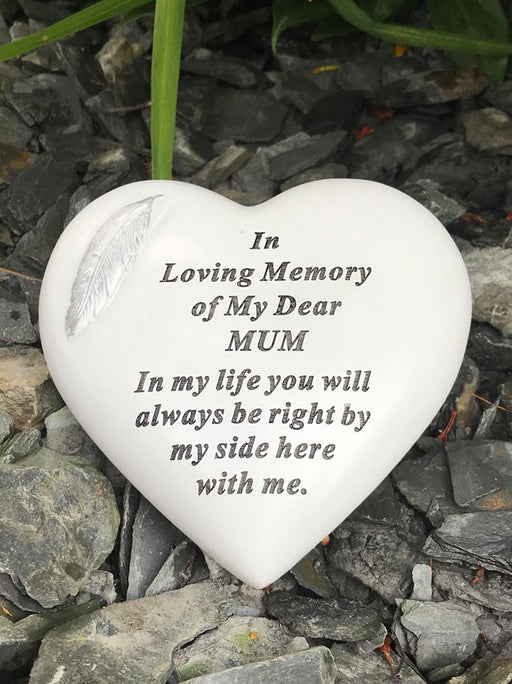 Mum - White & Silver Angel Feather Memorial Heart Tribute Grave Remembrance Ornament