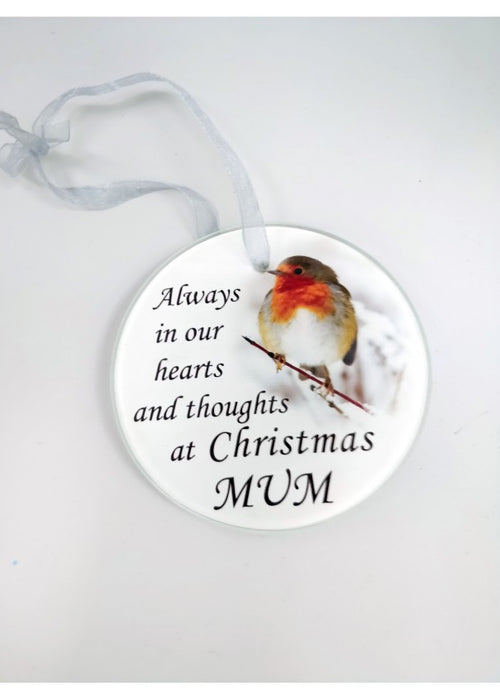 Mum - Memorial Glass Robin Christmas Bauble - Tree Decoration Xmas