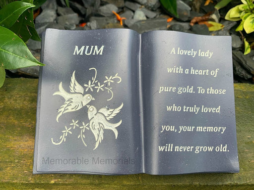 Mum - Memorial Slate Grey Dove Book Diamante Flower Graveside Plaque Tribute Ornament