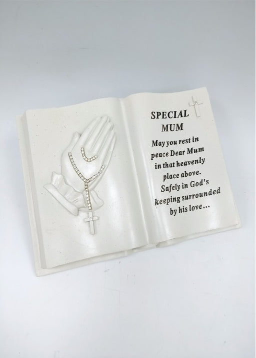 Mum - Memorial Praying Hands Open Book Rosary Beads Plaque Grave Ornament Tribute