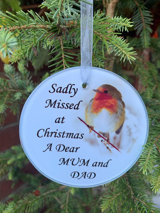 Mum and Dad - Memorial Glass Robin Christmas Bauble - Tree Decoration Xmas