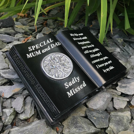 Mum and Dad - Memorial Black Silver Diamante Tree of Life Book Grave Plaque Ornament Tribute