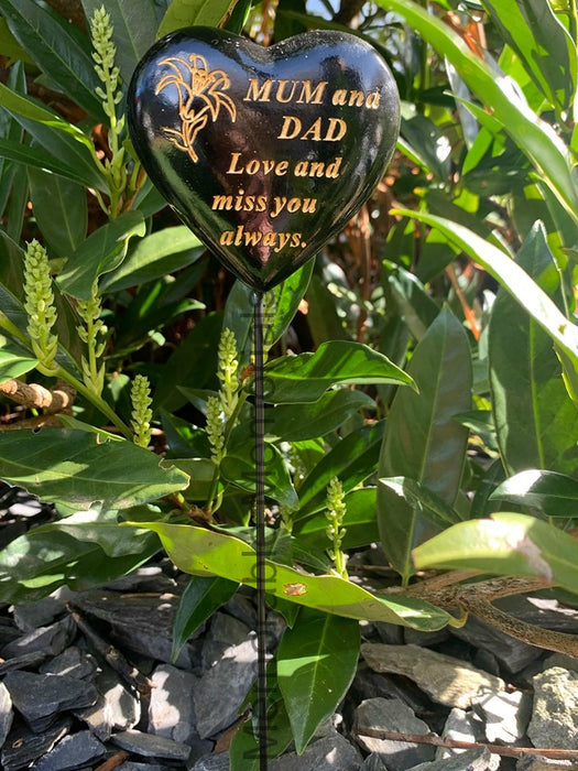 Mum and Dad - Black & Gold Resin Memorial Lily Heart Stick Stake Graveside Crematorium