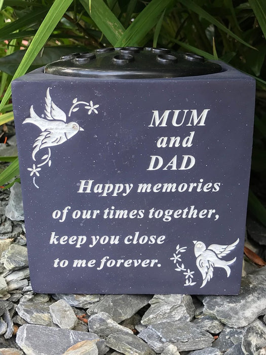 Mum and Dad Slate Grey Memorial Flower Vase - Rose Bowl Dove Diamante - Graveside Plaque Tribute