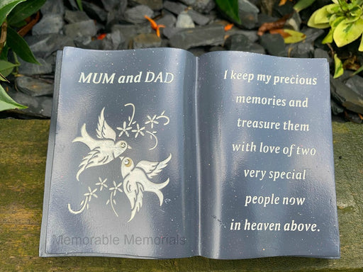 Mum and Dad - Memorial Slate Grey Dove Book Diamante Flower Graveside Plaque Tribute Ornament