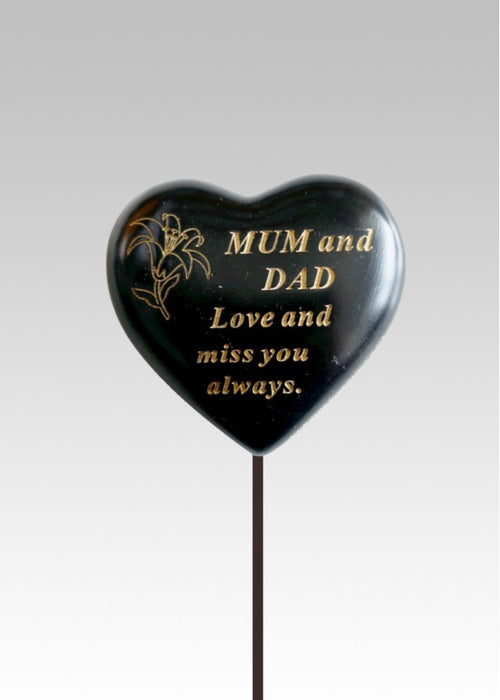 Mum and Dad - Black & Gold Resin Memorial Lily Heart Stick Stake Graveside Crematorium