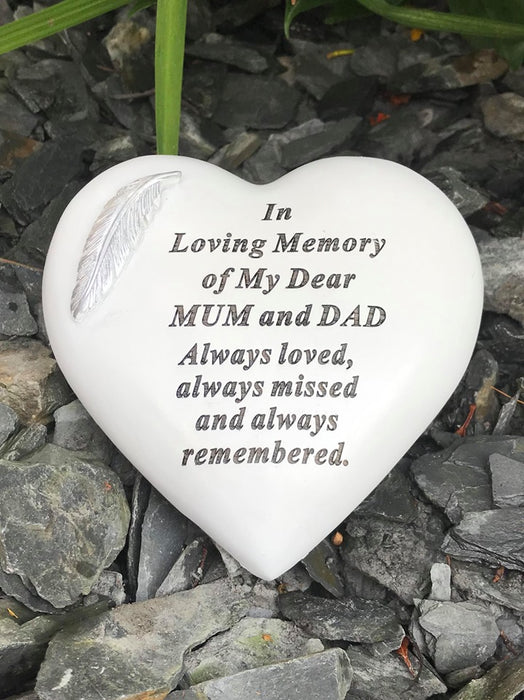 Mum and Dad - White & Silver Angel Feather Memorial Heart Tribute Grave Remembrance Ornament