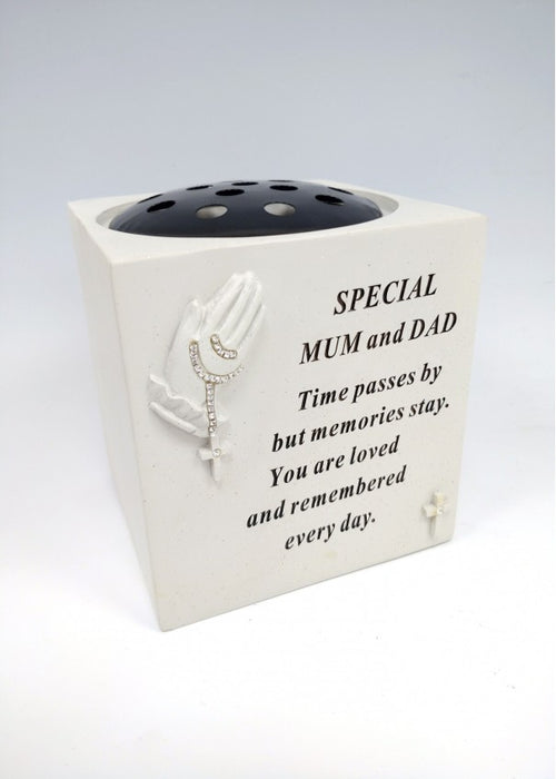 Mum and Dad - Memorial Praying Hands Flower Bowl Vase Rosary Beads Plaque Tribute Grave Pot