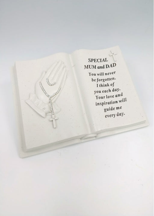 Mum and Dad - Memorial Praying Hands Open Book Rosary Beads Plaque Grave Ornament Tribute