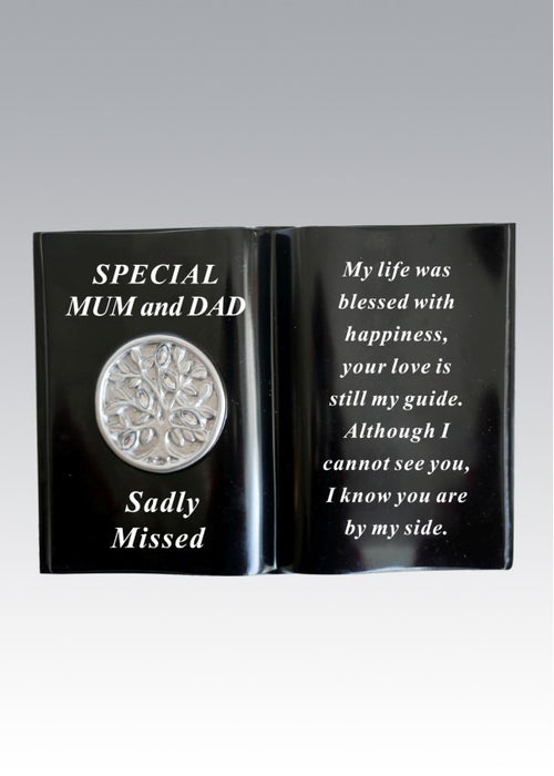 Mum and Dad - Memorial Black Silver Diamante Tree of Life Book Grave Plaque Ornament Tribute