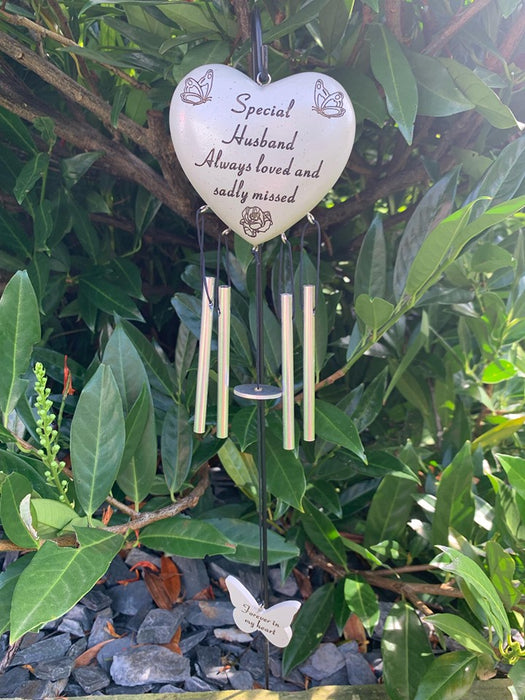 Husband - Heart Memorial Wind Chime Tribute Plaque Ornament Butterfly Flower Graveside