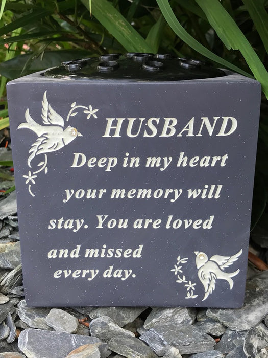 Husband Slate Grey Memorial Flower Vase - Rose Bowl Dove Diamante - Graveside Plaque Tribute