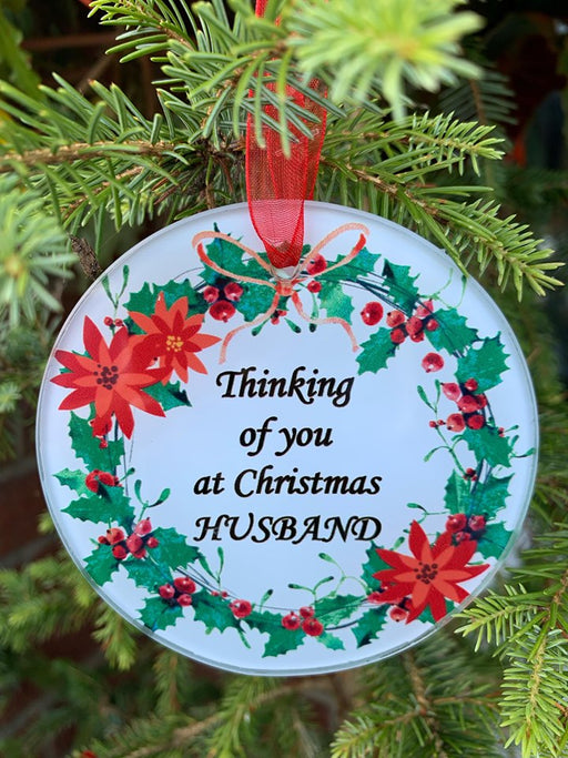 Husband - Memorial Glass Wreath Bauble Christmas Tree Plaque Decoration Xmas