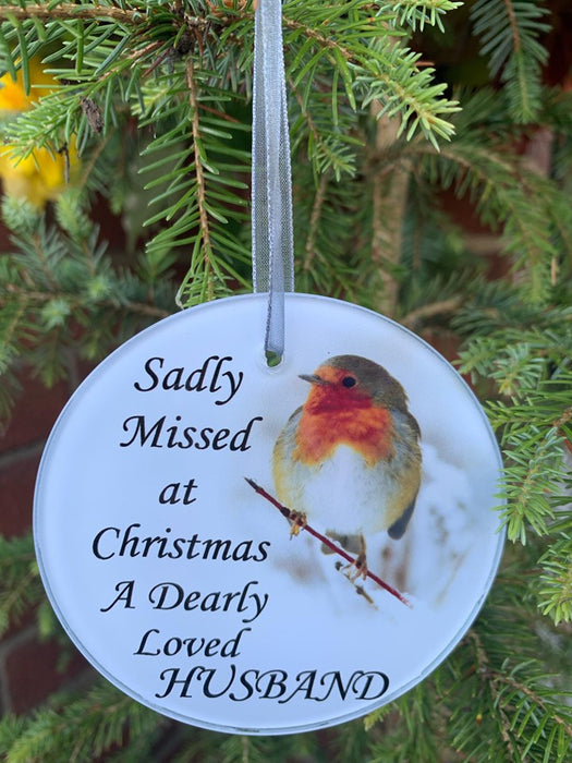Husband Memorial Glass Robin Christmas Bauble Tree Decoration