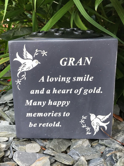 Gran Slate Grey Memorial Flower Vase - Rose Bowl Dove Diamante - Graveside Plaque Tribute