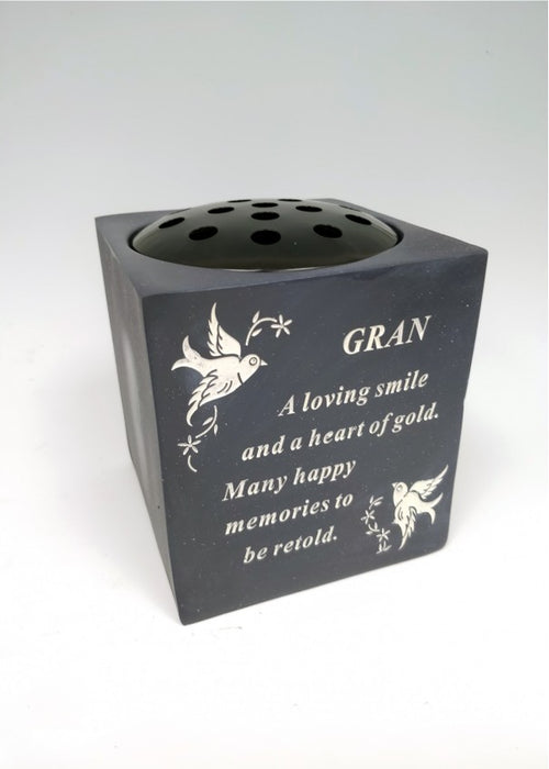 Gran Slate Grey Memorial Flower Vase - Rose Bowl Dove Diamante - Graveside Plaque Tribute