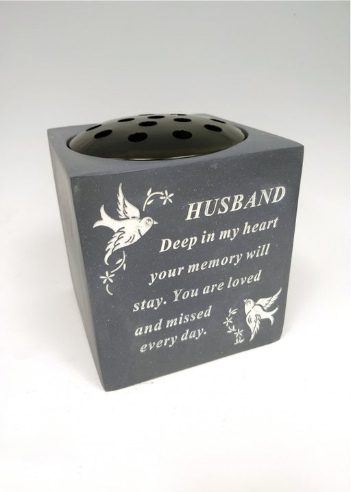 Husband Slate Grey Memorial Flower Vase - Rose Bowl Dove Diamante - Graveside Plaque Tribute