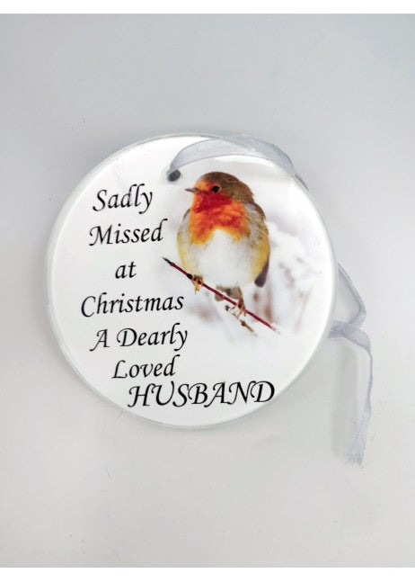 Husband - Memorial Glass Robin Christmas Bauble - Tree Decoration Xmas