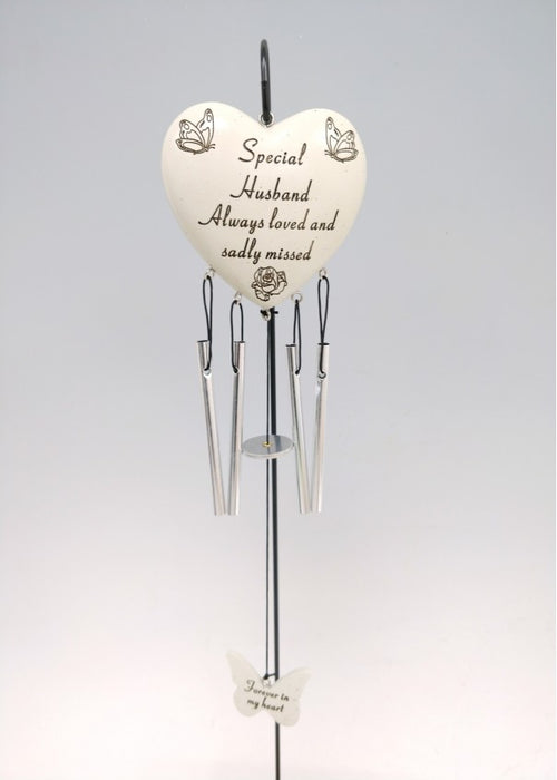 Husband - Heart Memorial Wind Chime Tribute Plaque Ornament Butterfly Flower Graveside