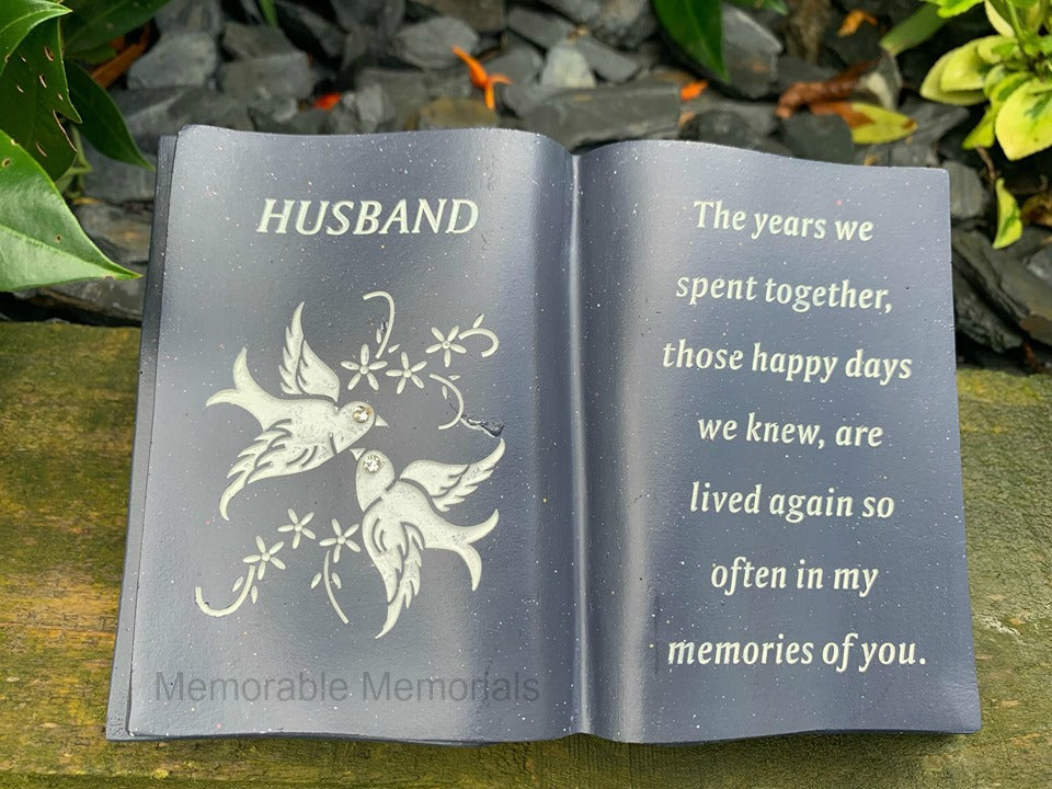 Husband - Memorial Slate Grey Dove Book Diamante Flower Graveside Plaque Tribute Ornament