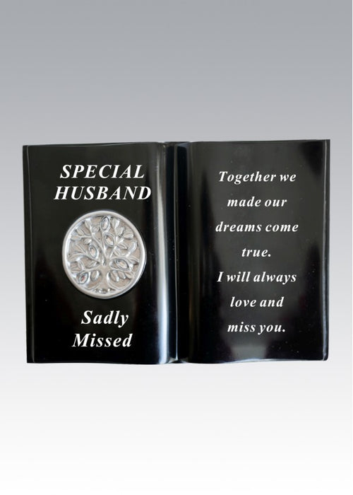 Husband - Memorial Black Silver Diamante Tree of Life Book Grave Plaque Ornament Tribute