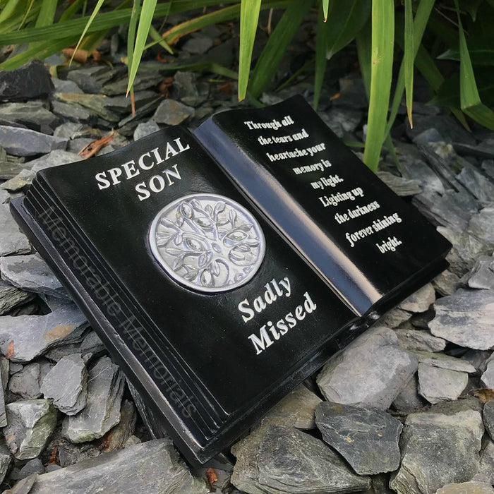 Son - Memorial Black Silver Diamante Tree of Life Book Grave Plaque Ornament Tribute