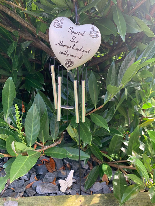 Son - Heart Memorial Wind Chime Tribute Plaque Ornament Butterfly Flower Graveside