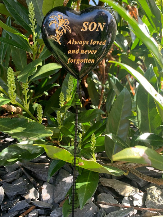 Son - Black & Gold Resin Memorial Lily Heart Stick Stake Graveside Crematorium