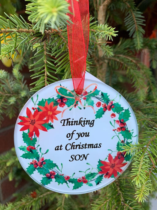 Son - Memorial Glass Wreath Bauble Christmas Tree Plaque Decoration Xmas