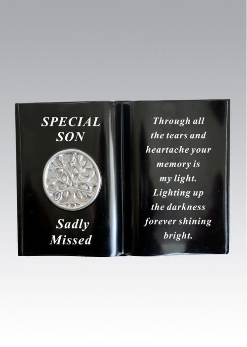 Son - Memorial Black Silver Diamante Tree of Life Book Grave Plaque Ornament Tribute