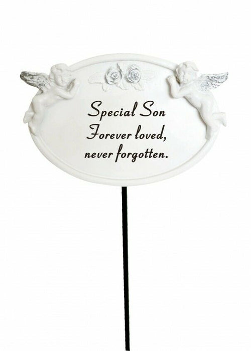 White & Silver Twin Cherub Memorial Stick Remembrance Plaque Tribute Spike Stake