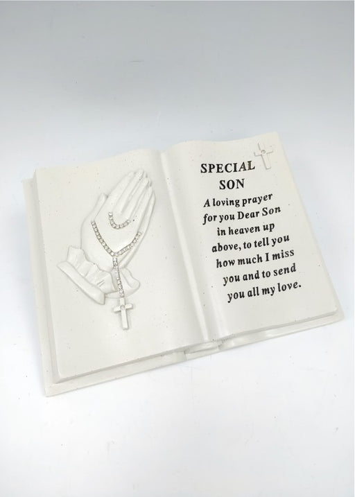 Son - Memorial Praying Hands Open Book Rosary Beads Plaque Grave Ornament Tribute