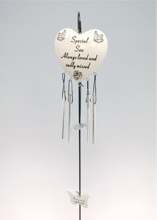 Son - Heart Memorial Wind Chime Tribute Plaque Ornament Butterfly Flower Graveside