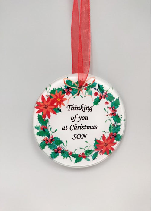 Son - Memorial Glass Wreath Bauble Christmas Tree Plaque Decoration Xmas